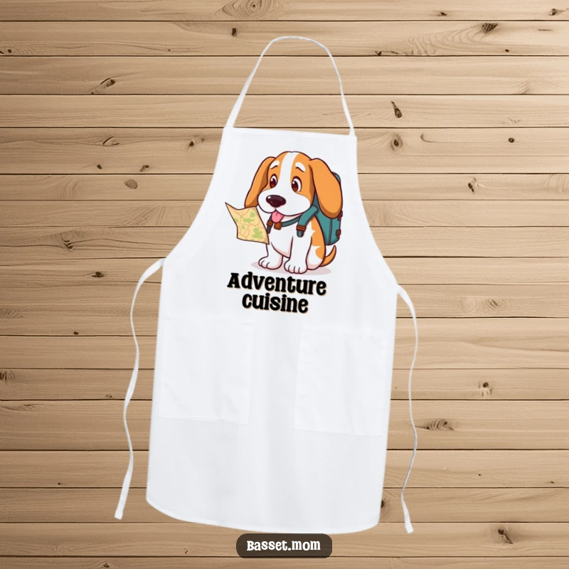 Funny Basset Hound apron, a dog with a backpack looking at a map, ready for kitchen or travel planning.