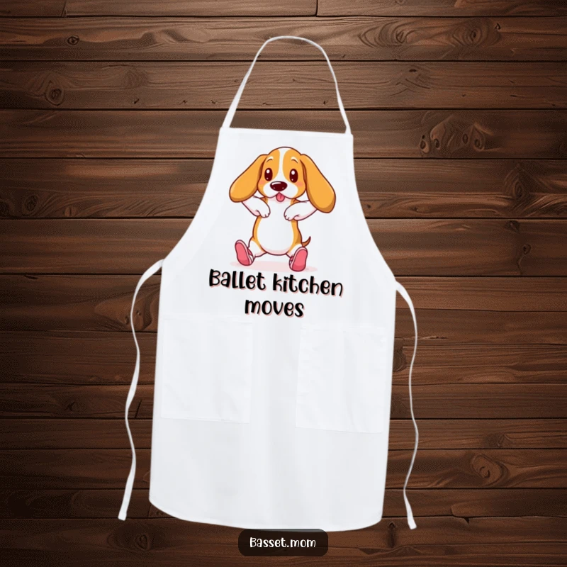 Funny Basset Hound in ballet slippers, dancing pose, protective kitchen apron, humorous dancer gift.