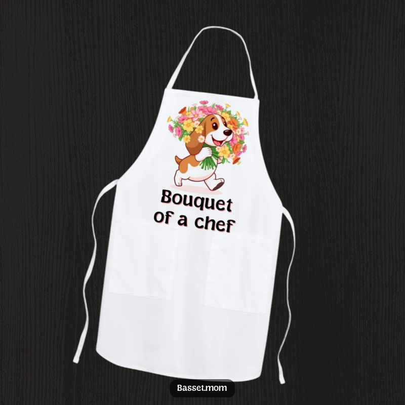 Funny Basset Hound apron, a dog happily carrying a large bouquet of flowers, for kitchen joy.