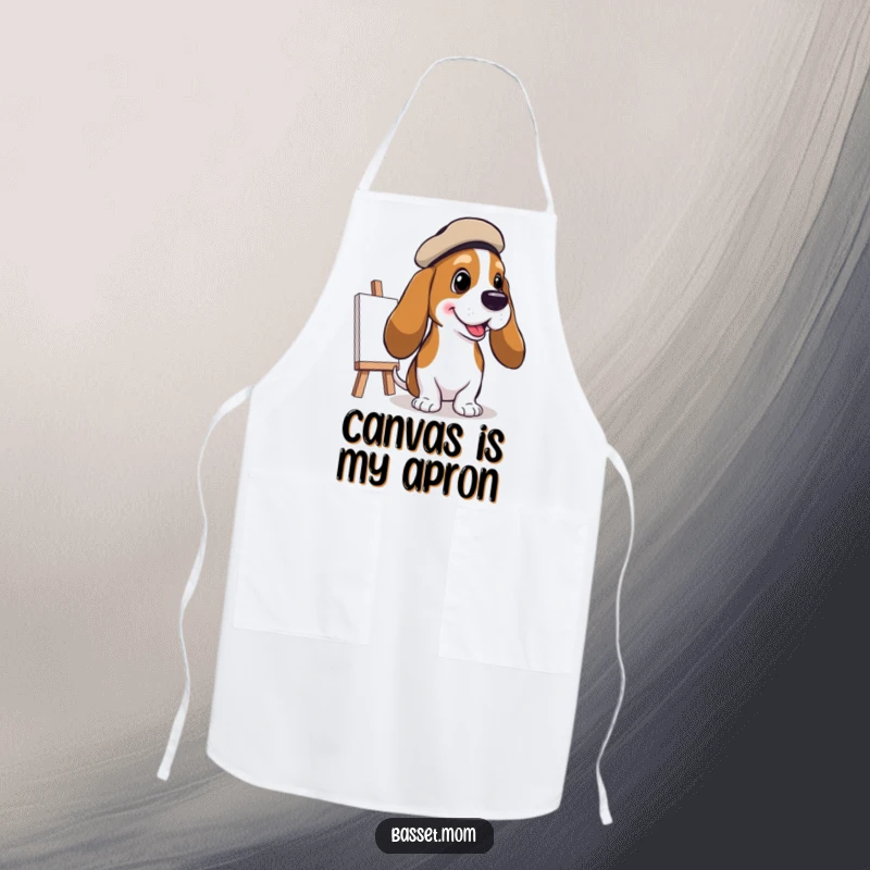Funny Basset Hound Artist Apron: A Basset hound in a beret painting a cheerful picture, perfect for creative sessions, a funny gift.