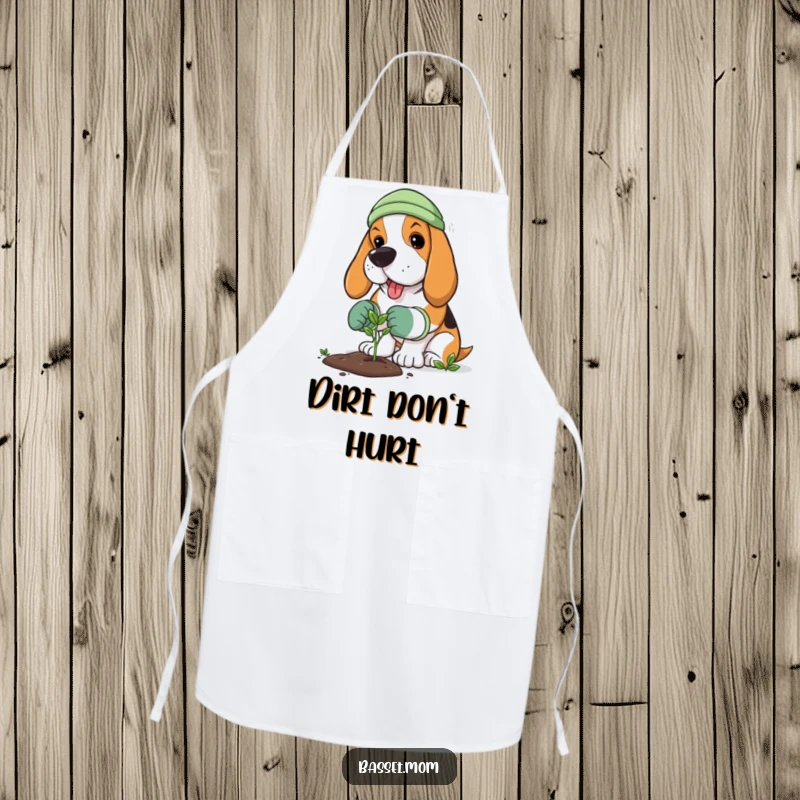 Funny Basset Hound apron designed for gardeners, featuring a dog planting a sprout, perfect for keeping clean with humor.