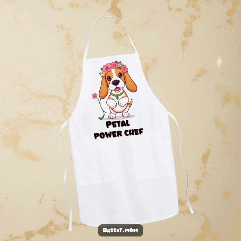 Funny Basset Hound apron with a floral design, perfect for a playful cook who loves dogs and humor in the kitchen.