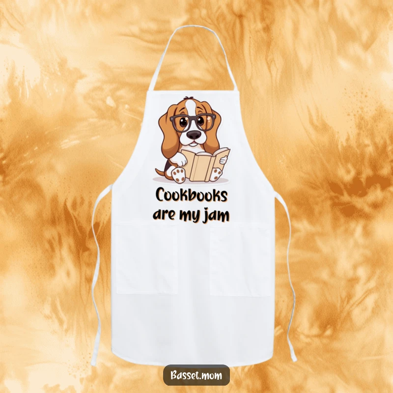 Funny Basset Hound apron featuring a dog wearing reading glasses and reading a book, perfect for a knowledgeable and humorous kitchen experience.