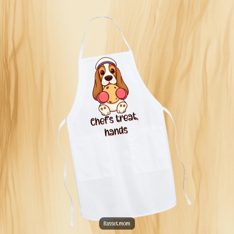 Funny Basset Hound in oven mitts, holding cookie, protective kitchen apron, humorous baker gift.