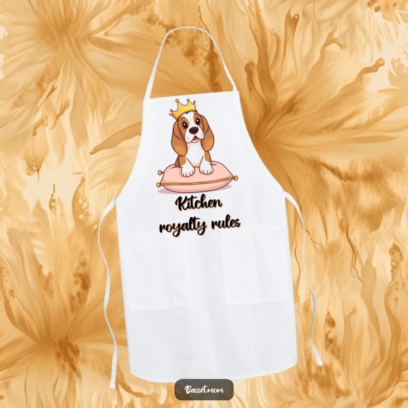Funny Basset Hound apron, a dog with a crown surveying its kitchen domain, for royal chefs.