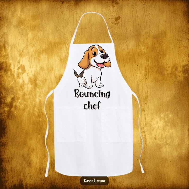 Funny Basset Hound apron illustrating a dog joyfully bouncing, its floppy ears exaggerated for comical effect in a kitchen setting.