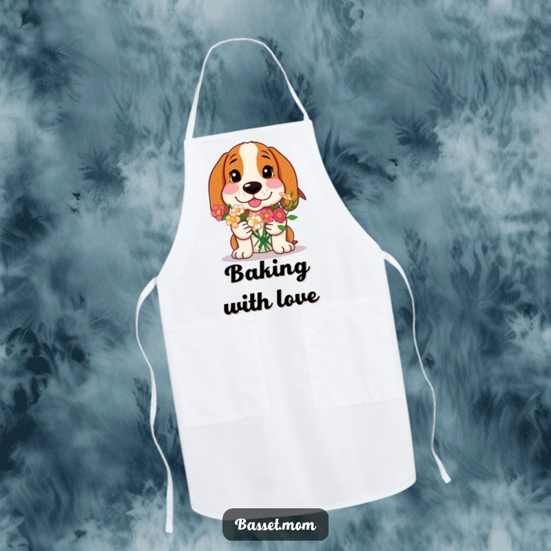 Funny Basset Hound apron, a dog with rosy cheeks offering flowers, ideal for a humorous and charming kitchen accessory gift.