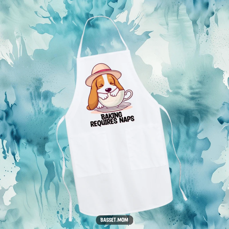 Funny Basset Hound apron featuring a hound in a hat napping beside a teacup, perfect for kitchen use with a humorous touch.