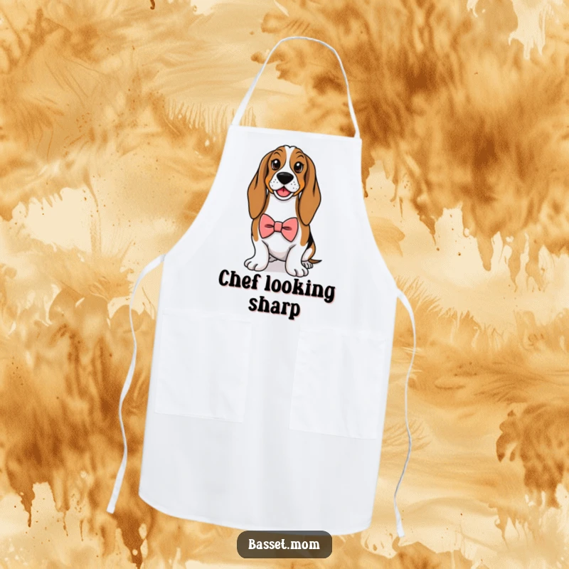Funny Basset Hound apron, depicting a dog wearing a tiny bowtie and looking proud, ready for culinary duties with flair.