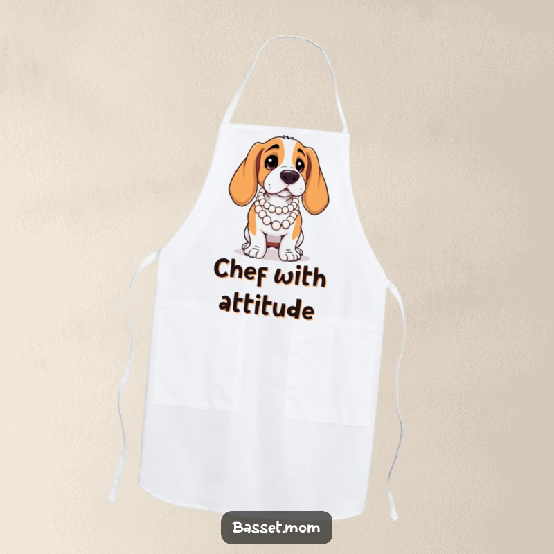 Funny Basset Hound apron, featuring a dog in a pearl necklace posing dramatically, for stylish cooking.