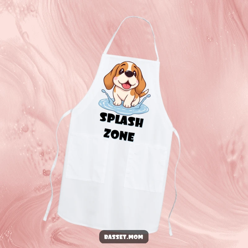 Funny Basset Hound apron depicting a droopy-eared dog gleefully splashing in a puddle, perfect for messy cooks and dog lovers.