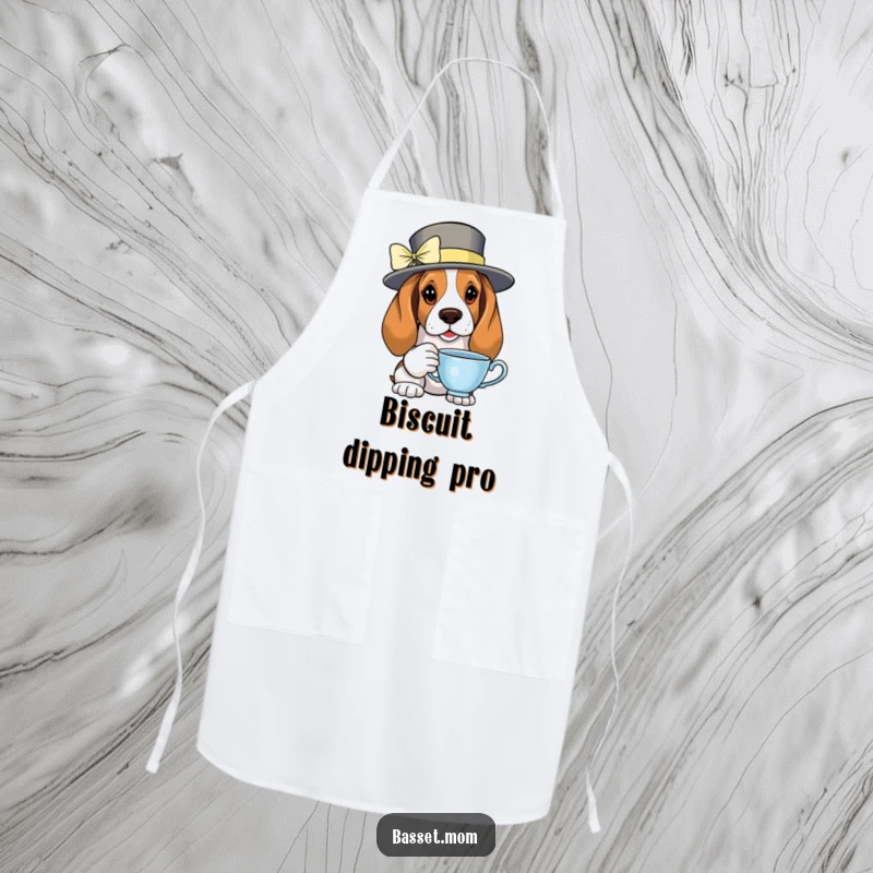 Funny Basset Hound apron featuring a fancy dog with a teacup, protecting the wearer with elegance.