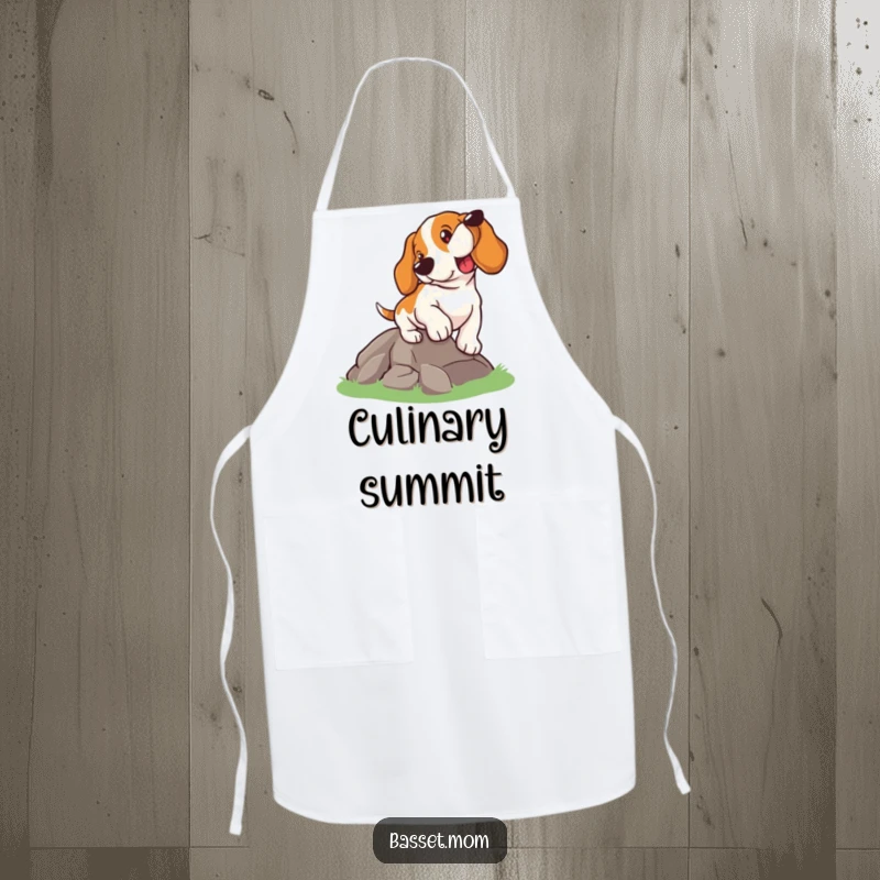 Funny Basset Hound apron, a dog determinedly climbing a hill, ideal for a motivational kitchen accessory, a funny gift.
