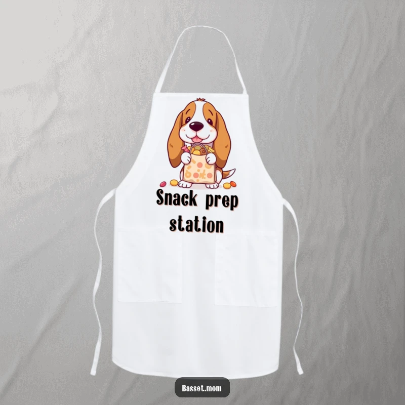 Funny Basset Hound apron featuring a dog with a tiny shopping bag overflowing with treats, protecting the wearer.