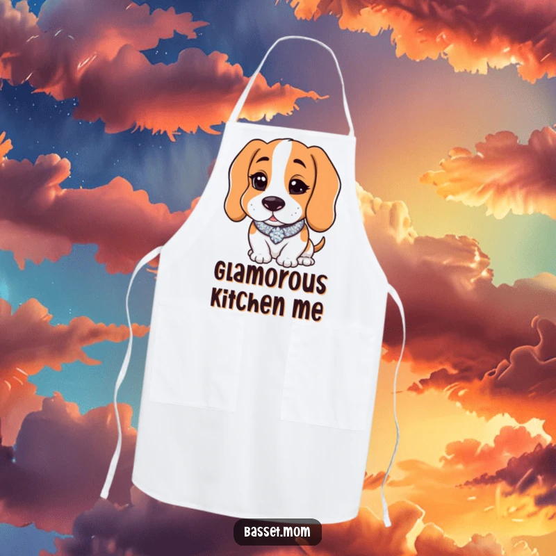 Funny Basset Hound with a sparkly collar winking charmingly, worn as an apron, adding humorous flair to kitchen activities.