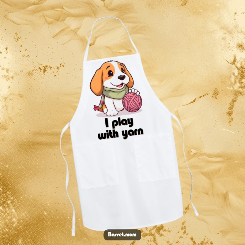Funny Basset Hound apron, a dog in a scarf, playfully attacking a ball of yarn, ready for kitchen fun.