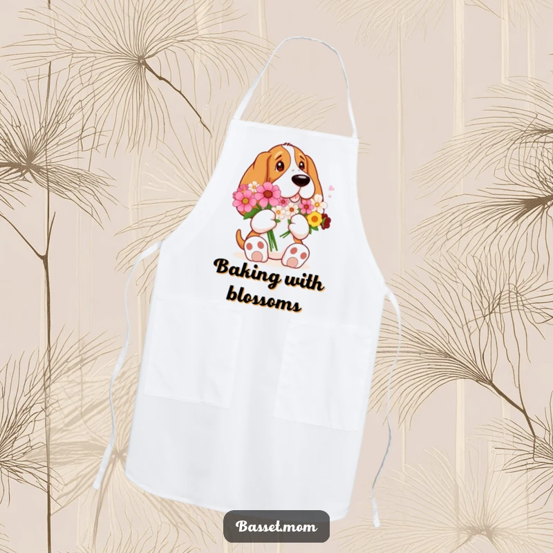 Funny Basset Hound with big paws holds a bouquet of flowers, bringing floral humor and style to this practical apron.