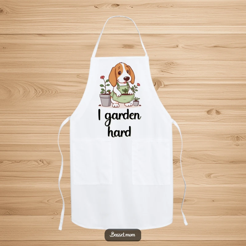 Funny Basset Hound apron, wearing a tiny gardening apron, digging in a planter, perfect for keeping clean while gardening or cooking.