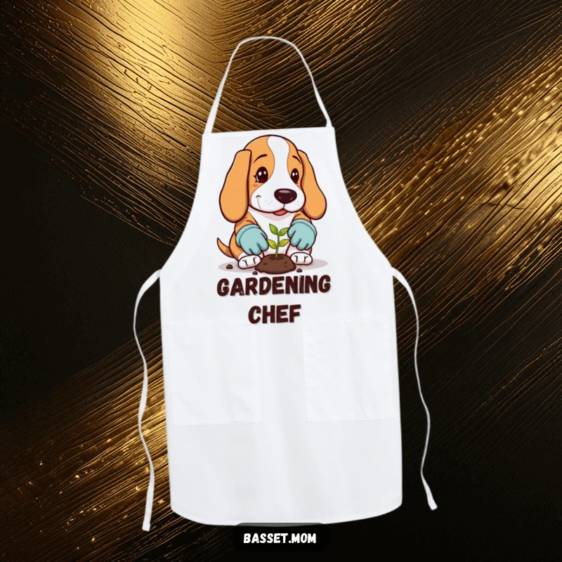 Funny Basset Hound Apron: A dog in gardening gloves plants a seed, practical kitchen humor.