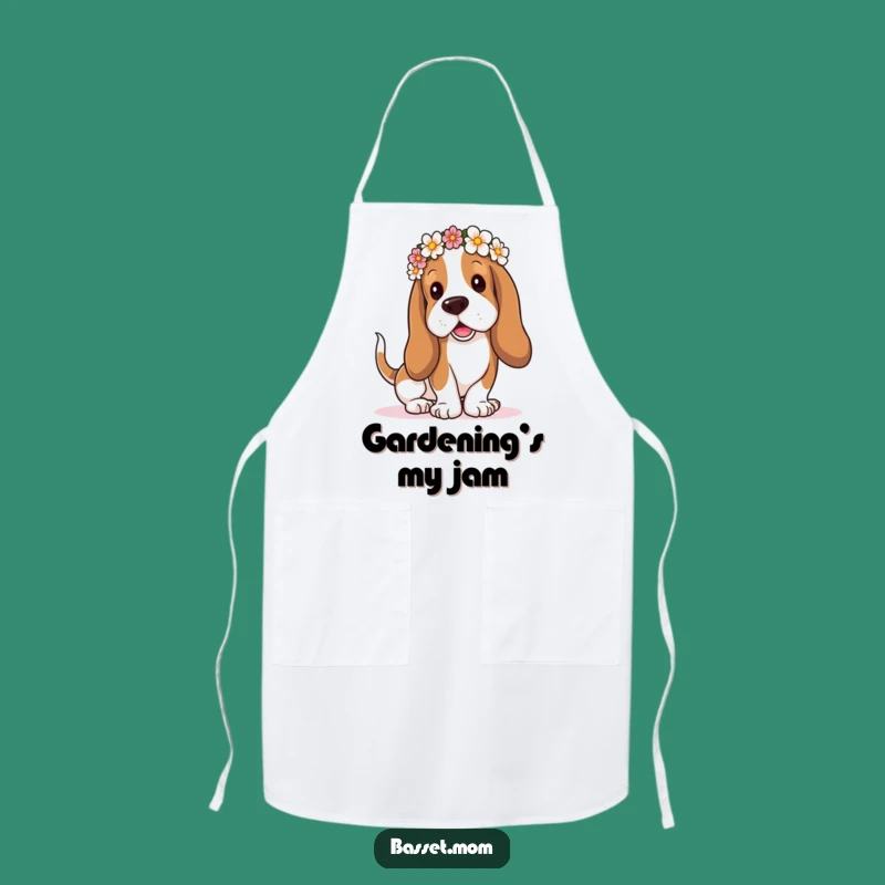 Funny Flower Crown Basset Hound Apron: Droopy Ears Wagging Tail - Kitchen Funny Gift