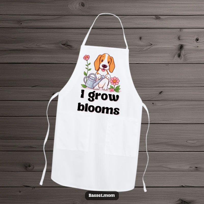 Funny Basset Hound apron, a dog with a tiny watering can, watering a giant flower, ready for kitchen or garden work.