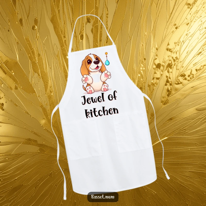 Funny Basset Hound apron with a dog reaching up with its paws, playfully batting at a dangling jewel, adding a humorous touch to cooking.