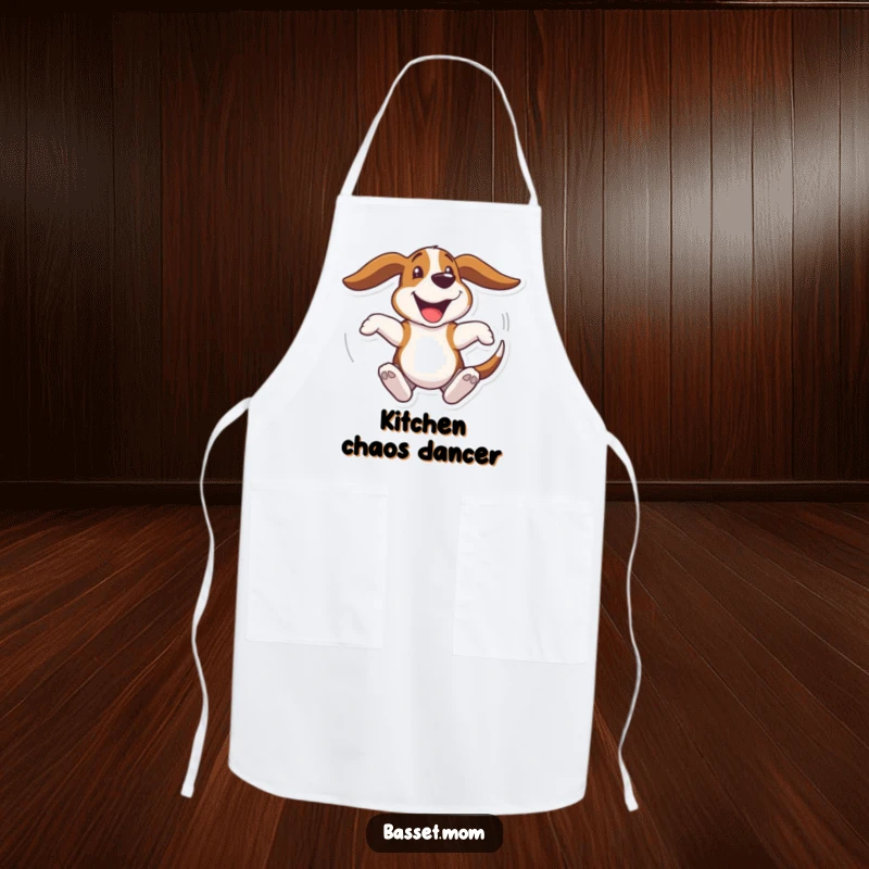 Funny Basset Hound apron, a dog spinning joyfully, ideal for a humorous kitchen accessory, a fun gift.
