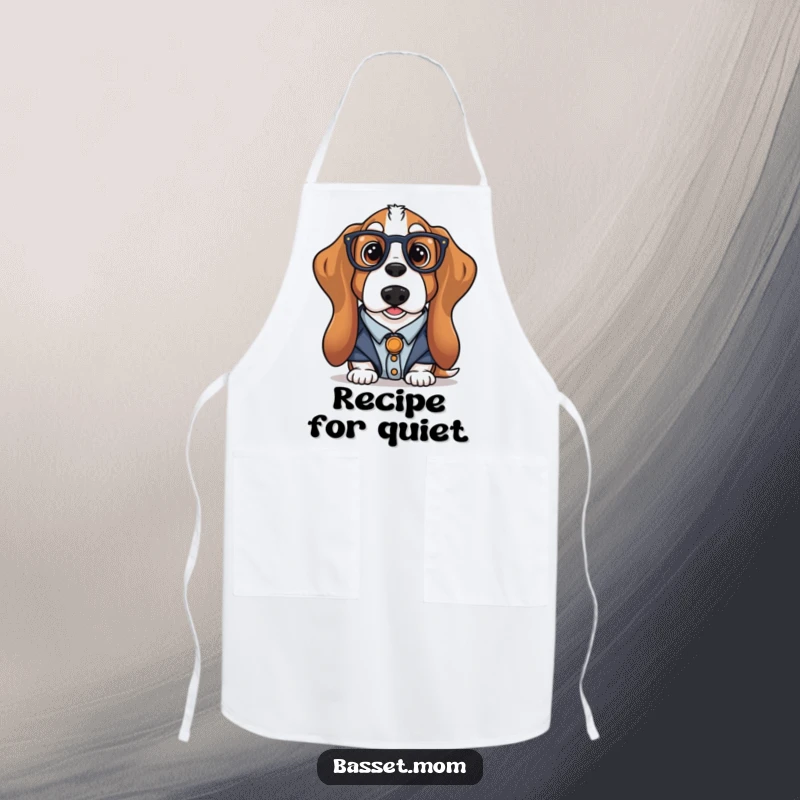 Funny librarian Basset Hound apron showing a dog in spectacles, ready for the kitchen or library, a humorous and practical item.