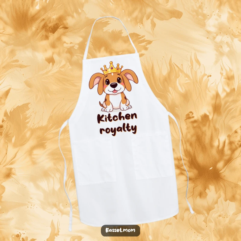 Funny Basset Hound apron with a dog wearing a small crown, looking regal and ready to prepare a feast with a hint of playful charm.