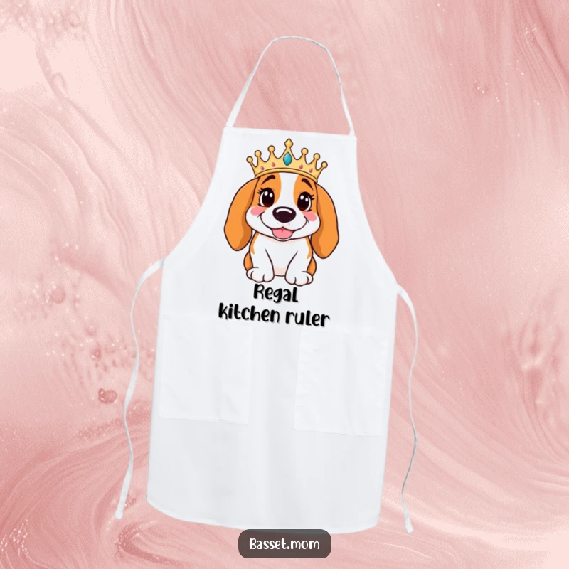 Funny Basset Hound wearing a crown poses regally with a smile, worn as an apron, adding humorous majesty to cooking activities.