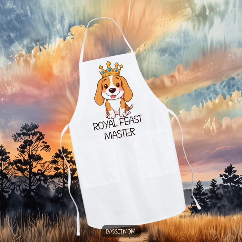 Funny royal Basset Hound apron featuring a dog wearing a crown, posing regally with a smile, perfect for a humorous cooking experience.