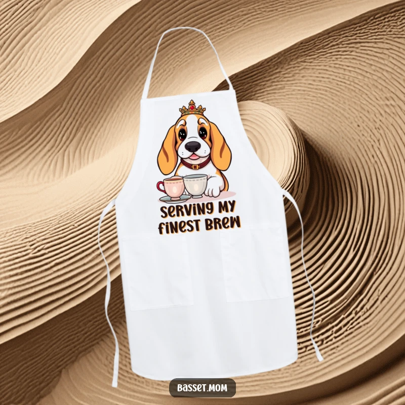 Funny Basset Hound apron featuring a regal dog enjoying a cup of tea, adding sophistication and humor to the kitchen.