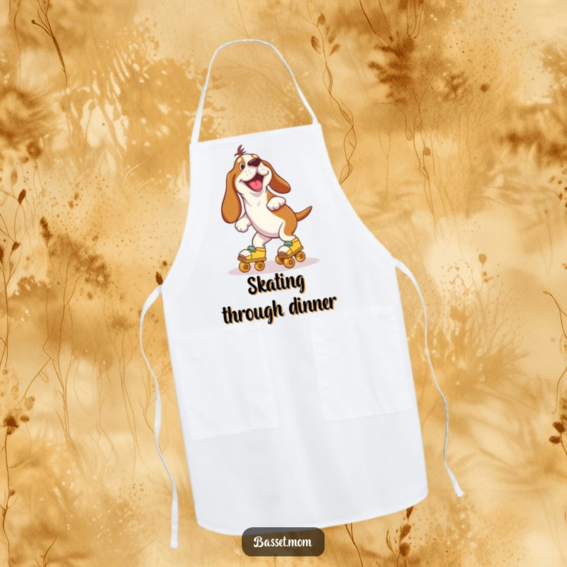 Funny Basset Hound wearing roller skates and wobbling with joy, ready for kitchen fun on this humorous and practical apron.
