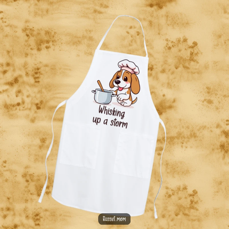 Funny Basset Hound apron with a dog wearing a chef hat, enthusiastically stirring a pot, perfect for kitchen protection.