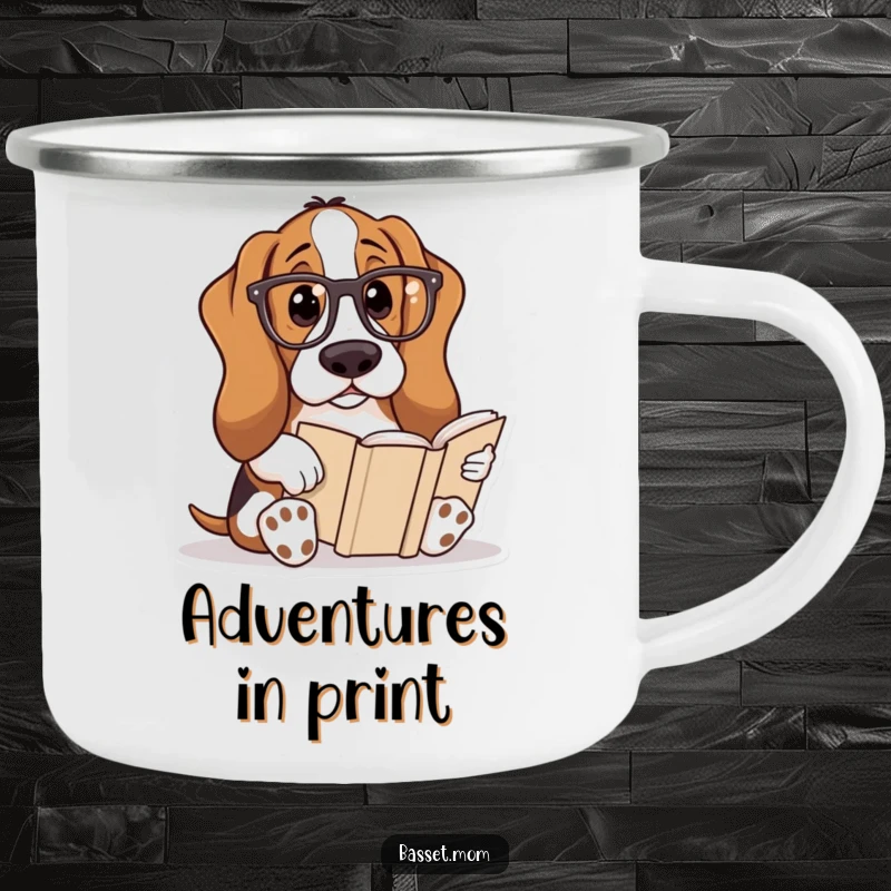 Funny Basset Hound camping mug featuring a dog wearing reading glasses and reading a book, designed for literary adventures outdoors.
