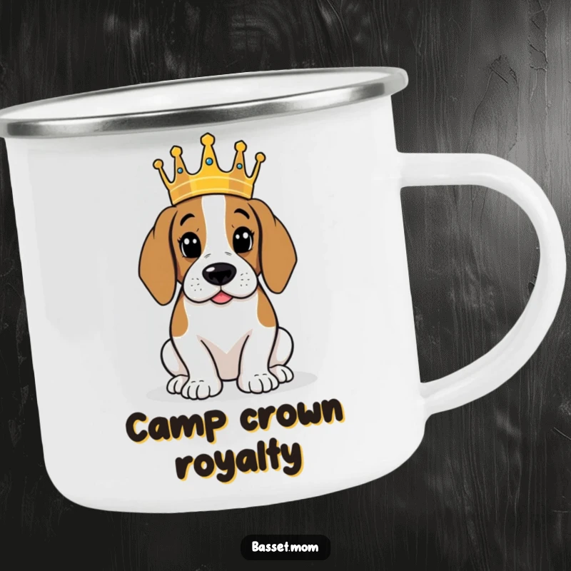 Funny Basset Hound with crown, surveying kingdom, metal enamel mug, humorous camping accessory.