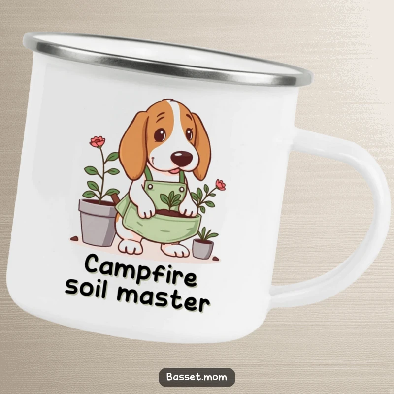 Funny Basset Hound camping mug, wearing a tiny gardening apron, digging in a planter, for enjoying outdoor drinks with garden cheer.