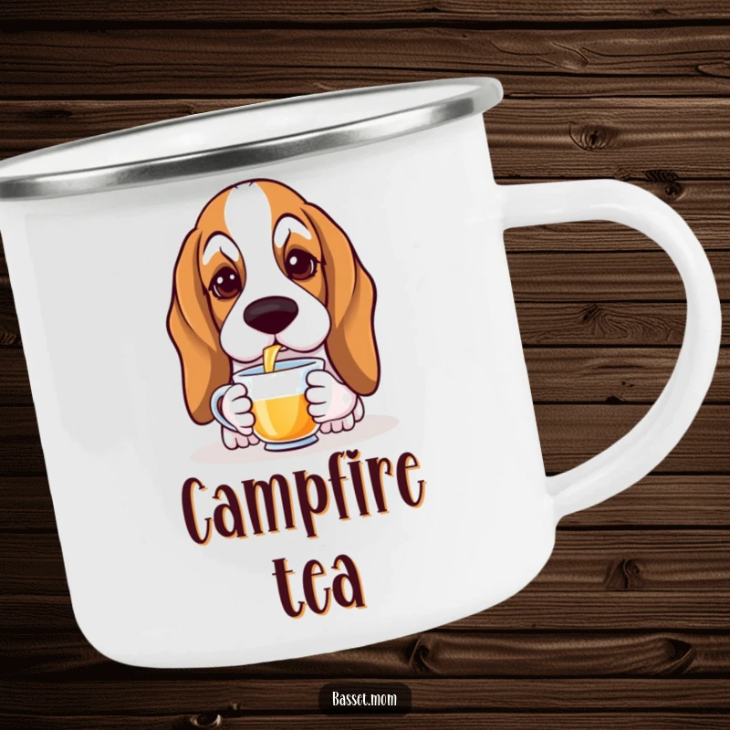 Funny Basset Hound camping mug with a droopy-eared dog gracefully sipping tea, ready for refined outdoor moments.