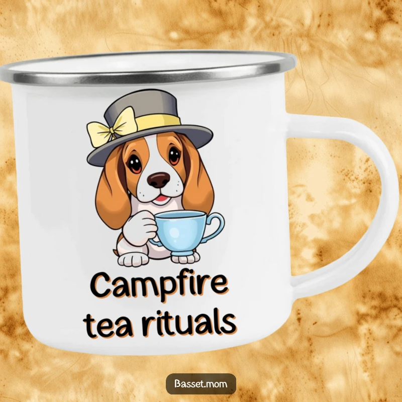 Funny Basset Hound in a fancy hat, holding a teacup, printed on a sturdy enamel camping mug.