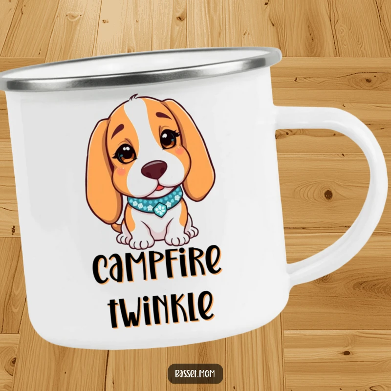 Funny Basset Hound camping mug with a dog wearing a sparkly collar, charmingly winking, perfect for humorous outdoor use.
