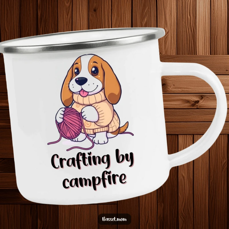 Funny Basset Hound knitting yarn, metal enamel mug, humorous camping accessory, outdoor gift.
