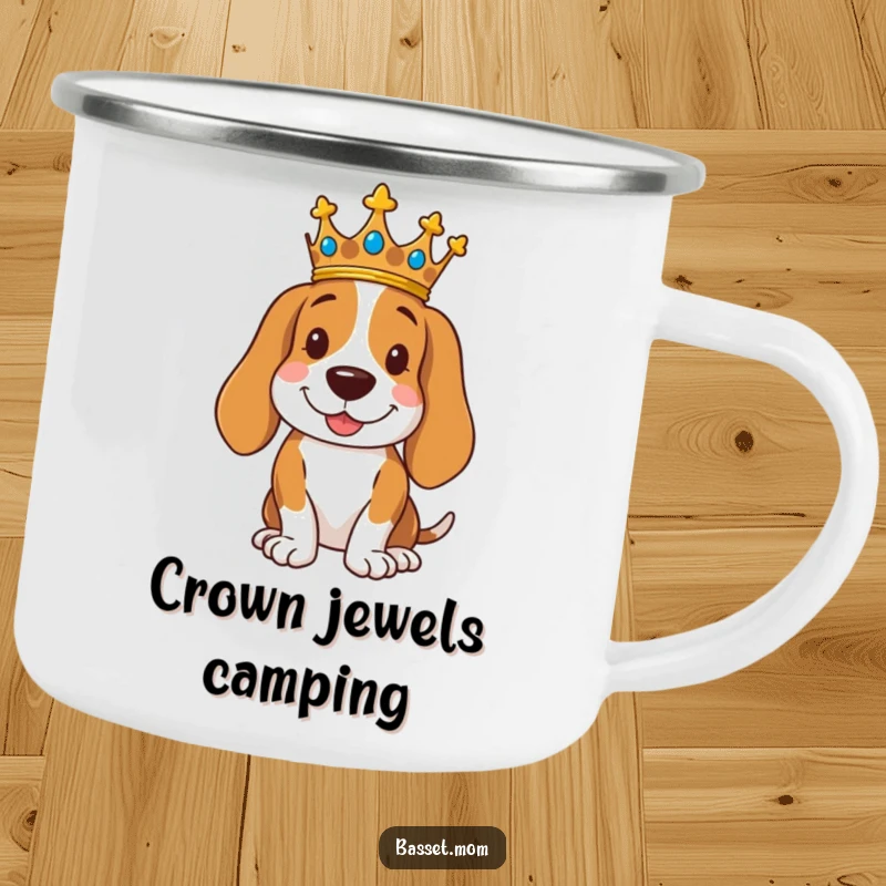 Funny royal Basset Hound camping mug with a dog wearing a crown, posing regally with a smile, perfect for humorous outdoor use.