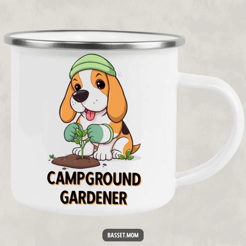 Funny Basset Hound camping mug showing a dog gardener planting a sprout, perfect for humorous outdoor use.