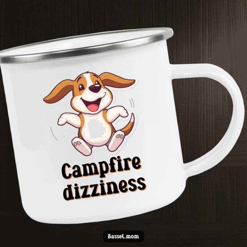 Funny Basset Hound camping mug, a dog spinning joyfully with flapping ears, perfect for outdoor fun and happy moments, a durable gift.