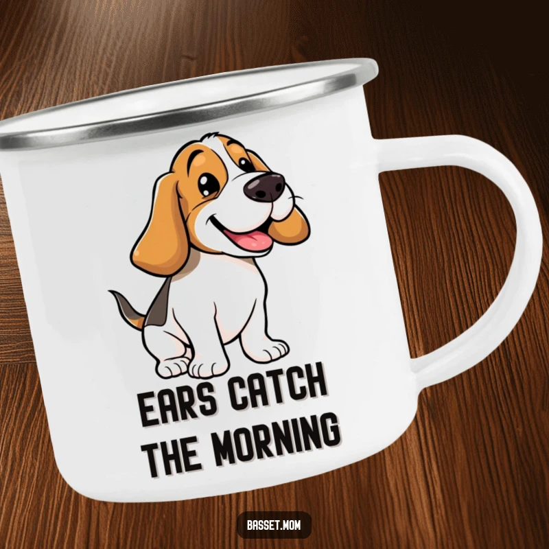 Funny Basset Hound camping mug showing a happy dog bouncing, ears flapping, ready for outdoor fun with a comical twist.