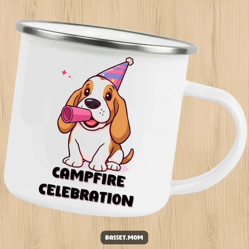 Funny Basset Hound Camping Mug: A dog in a party hat blowing a noisemaker, for outdoor parties.