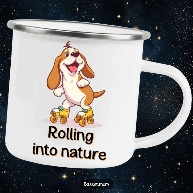Funny Basset Hound joyfully wobbling on roller skates, perfect for outdoor fun and laughter on this sturdy camping mug.