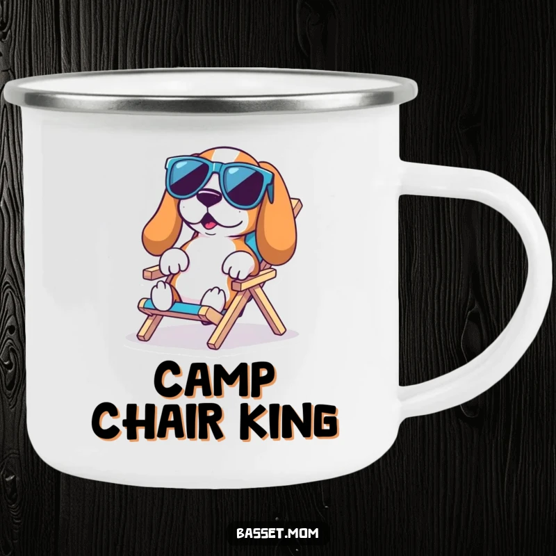 Funny Basset Hound Beach Camping Mug: A Basset hound in cool sunglasses lounges on a tiny chair, perfect for outdoor relaxation, funny gift.