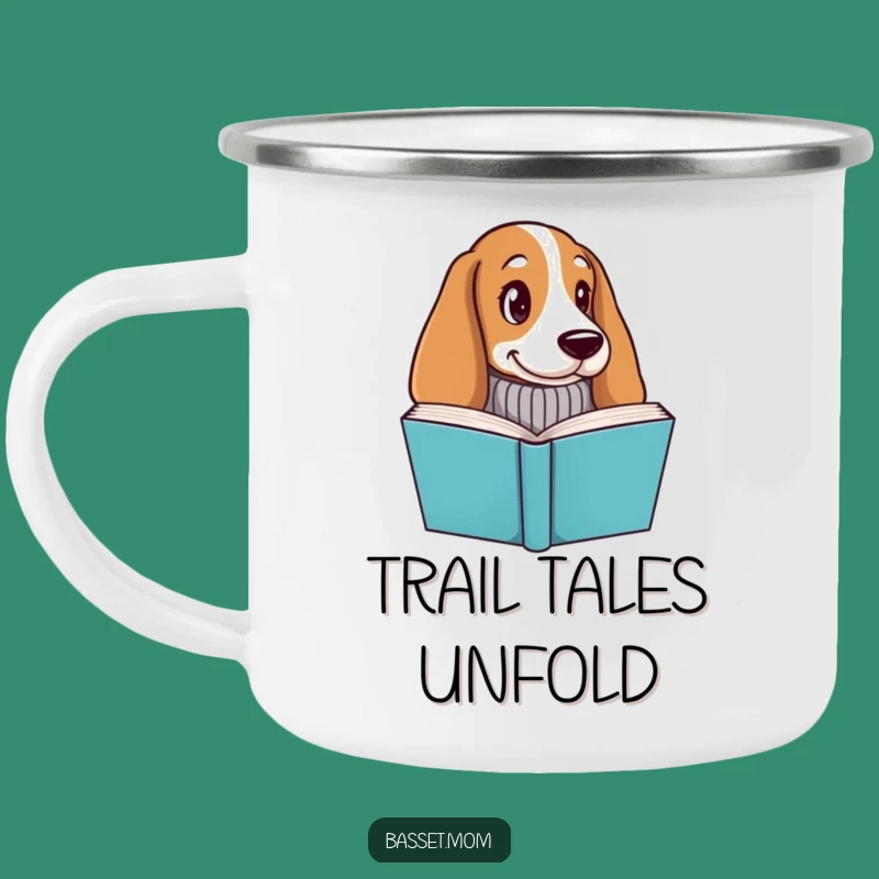 Funny Basset Hound Bookworm Camping Mug - Adventurous Dog Gift with Knitted Sweater
