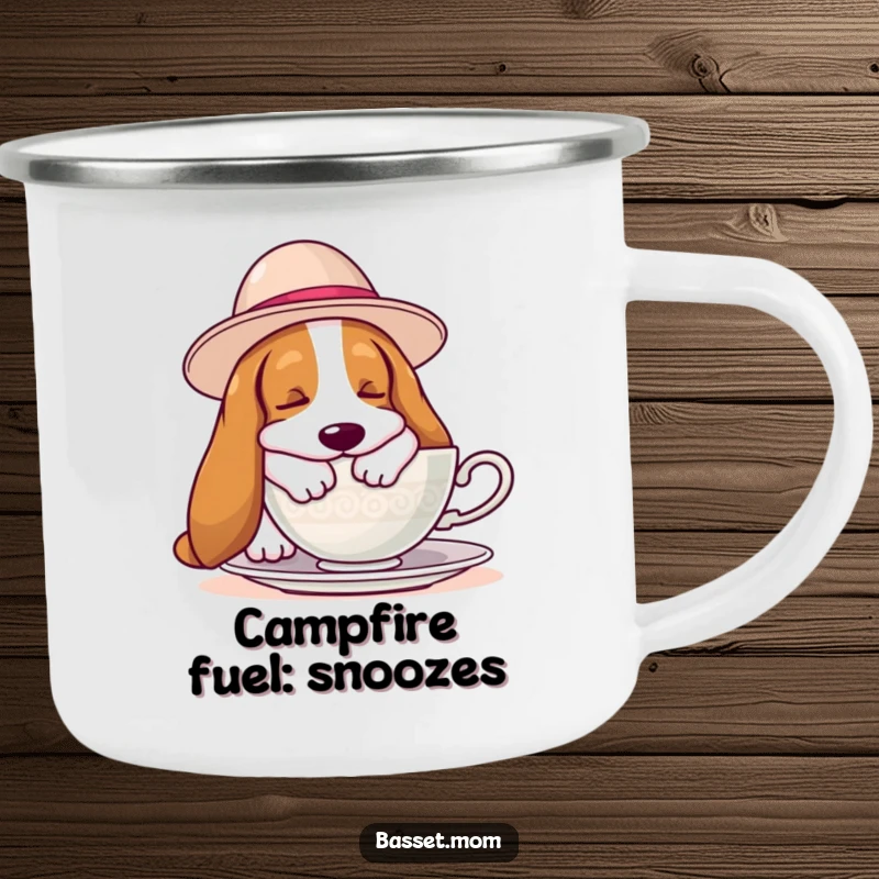 Funny Basset Hound camping mug featuring a hound in a hat napping beside a teacup, designed for outdoor adventures and humor.